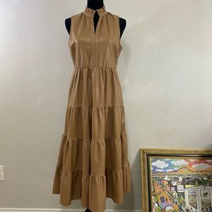 Fate Sleeveless Brown Faux Leather Tiered, Ruffle Neck Long Dress